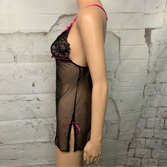 Victoria's Secret Lingerie Black Hot Pink Lace Vintage Small Stretch Mesh Sexy - Picture 3 of 5